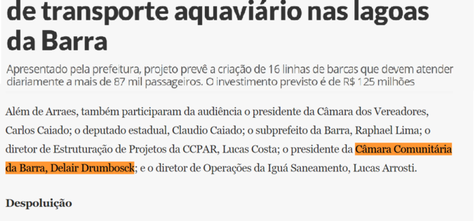 AUDIÊNCIA PÚBLICA SOBRE TRANSPORTE LAGUNAR REALIZADA NA CCBT É PAUTA NO JORNAL O DIA