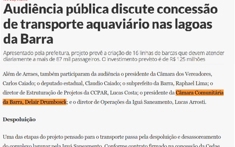AUDIÊNCIA PÚBLICA SOBRE TRANSPORTE LAGUNAR REALIZADA NA CCBT É PAUTA NO JORNAL O DIA