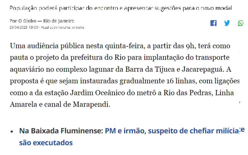 AUDIÊNCIA PÚBLICA NA CÂMARA COMUNITÁRIA DA BARRA É PAUTA NO O GLOBO